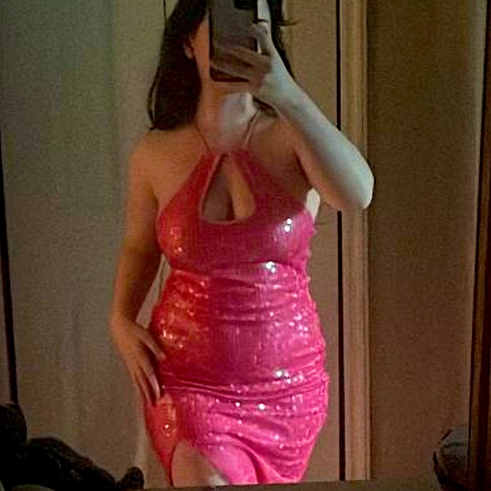 NEW Urban Outfitters Harley Pink Sequin Halter High Slit Maxi Party Dress